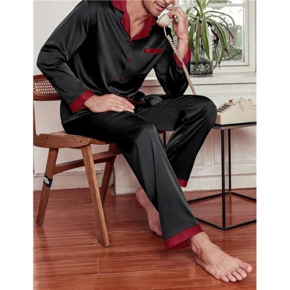 Men Satin Silk Pajamas Set with Pockets Long Sleeve-black - Picture 5 of 6